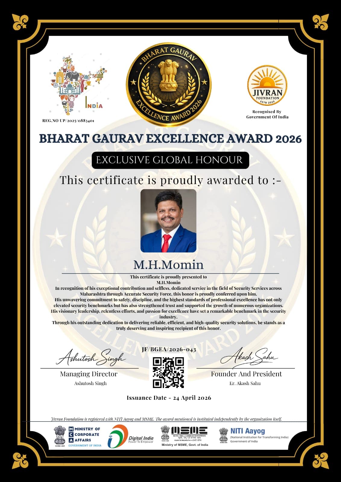 Bharat Gaurav Excellence Award 2026 — M. H. Momin, Accurate Security Force