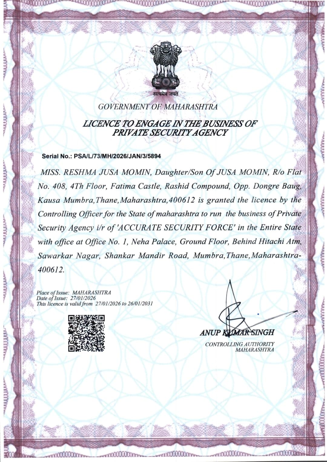 PSARA license certificate — Accurate Security Force / Momin Group